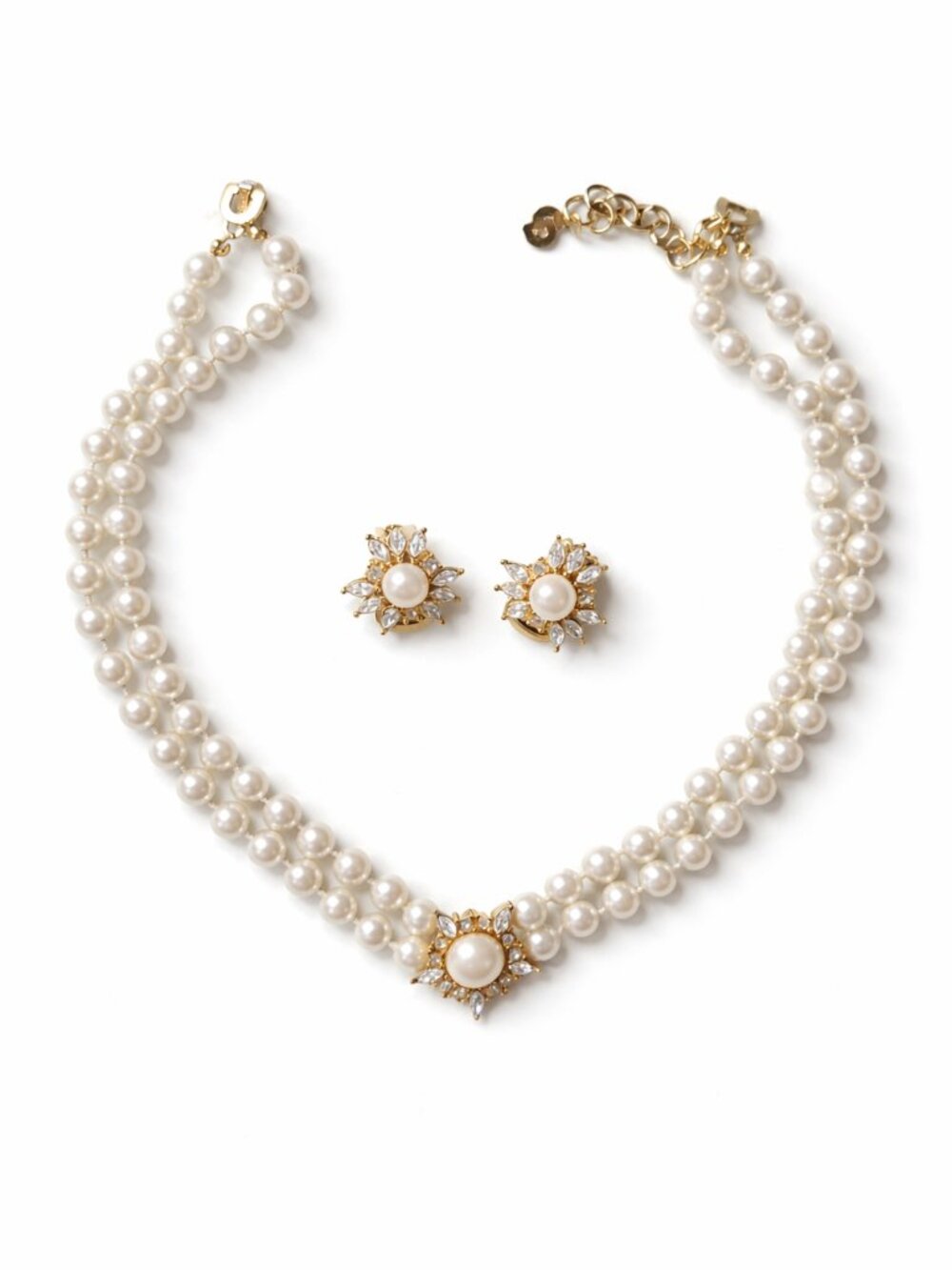 Vintage Christian Dior 1970s Pearl Crystal Double Strand Necklace